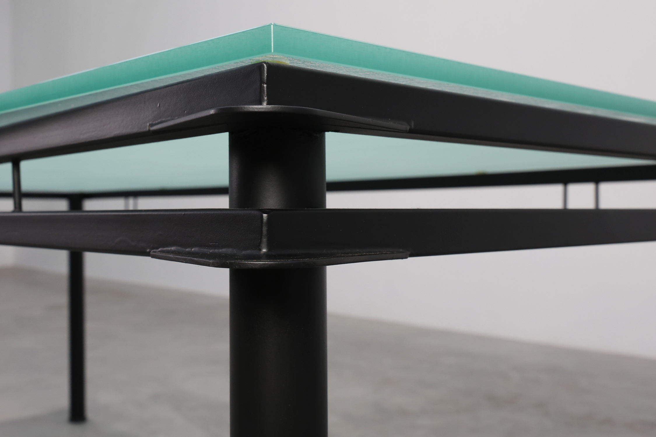 Modernist Dining Table with Black Metal Base and Glass Top, Belgium 1980sthumbnail